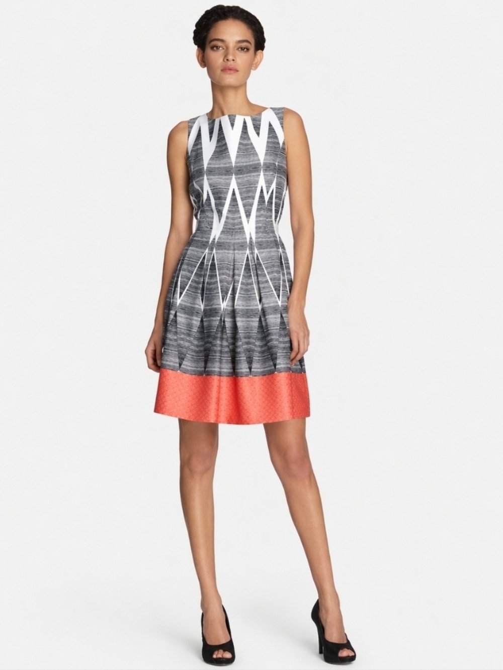 Tahari Arthur Levine Dress A Line Black White Orange Geometric Midi Sleeveless 2